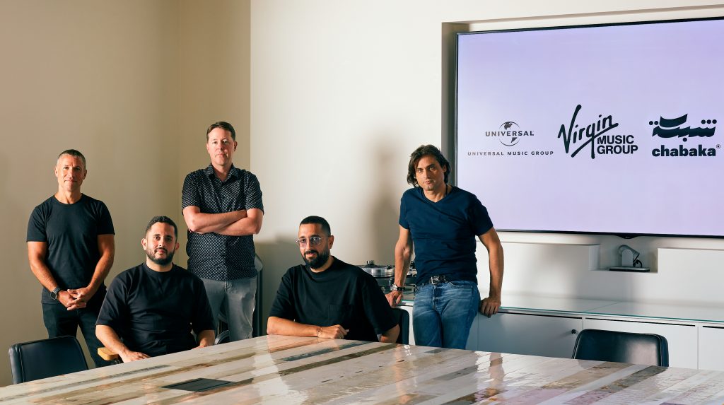 From left to right: Adam Granite, EVP, Market Development (UMG), Tarek Makki, Co-Founder (Chabaka), JT Myers, Co-CEO (Virgin Music Group), Ala’a Makki, Co-Founder and CEO (Chabaka), Patrick Boulos, CEO, MENA Region (UMG)